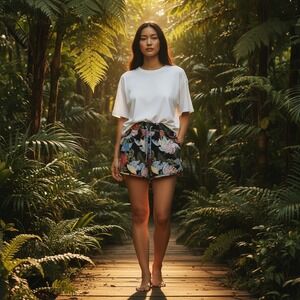 Tropical‎ Monstera Leaf Print Shorts Black Floral Elastic Waist Drawstring